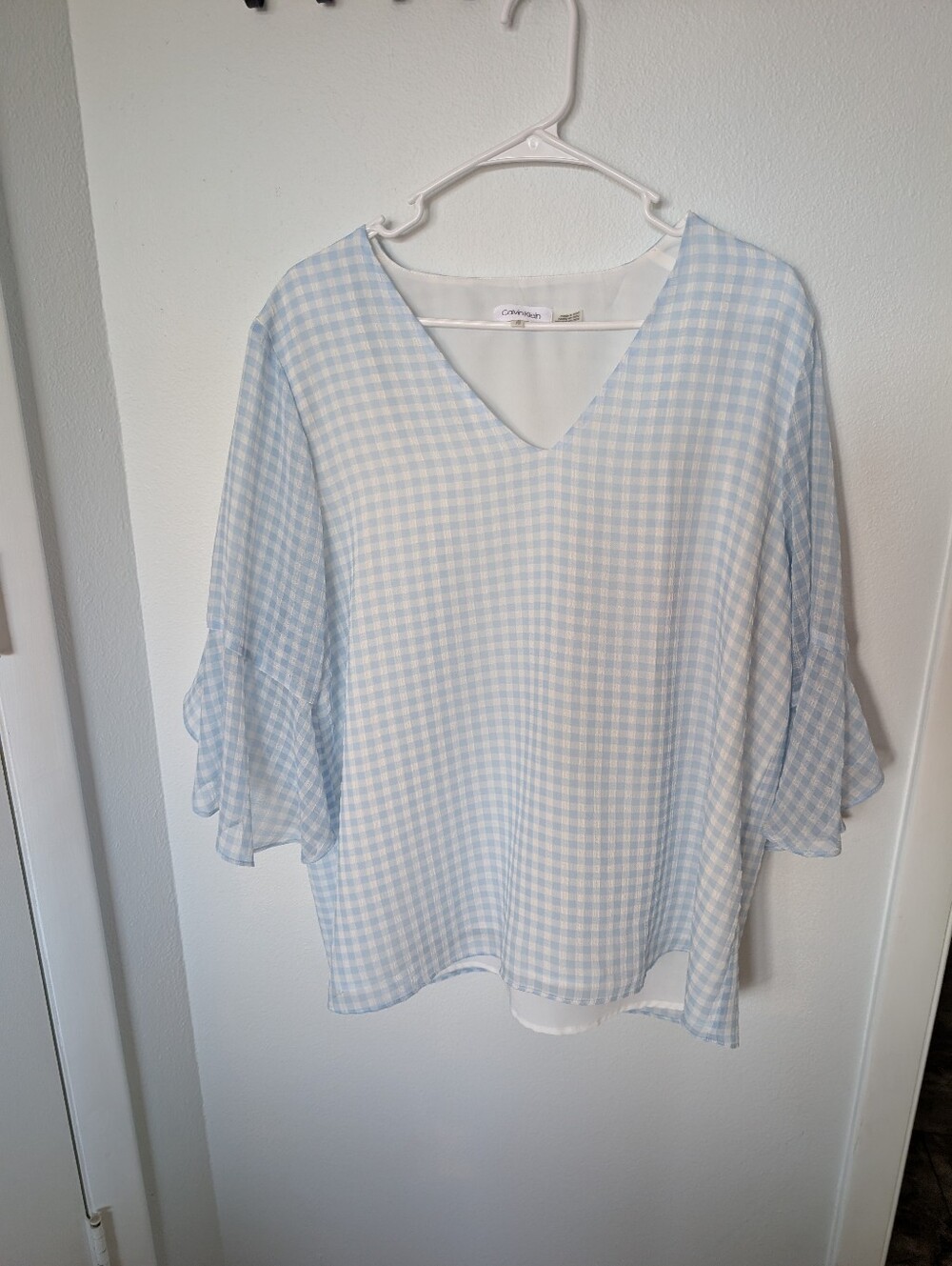 Calvin Klein Light Blue and White Gingham V-Neck Blouse - Picture 2 of 3